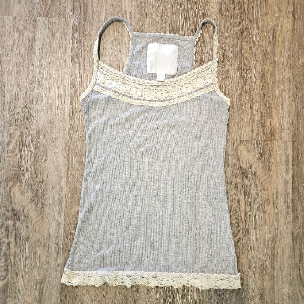 Womens Lace Trim Cami Tank Top Gray w/ Cream Lace Trim Square Neck Romantic Y2K